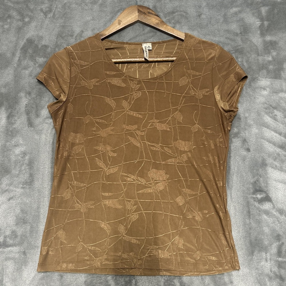 Susan Lawrence Shirt Womens‎ Petite Large Brown Bronze Floral Baby Tee Vtg y2k